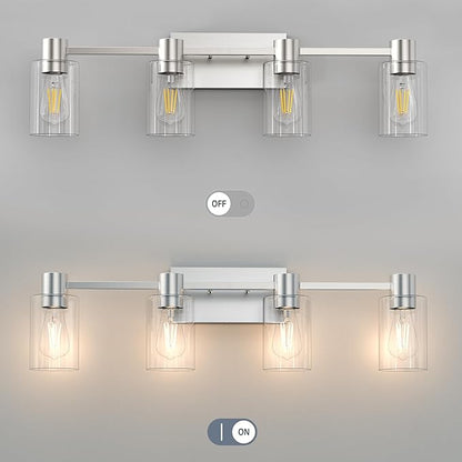 4-Light Modern Vanity Light Fixtures Over Mirror, Brushed Nickel Bathroom Light Fixtures, Vanity Lights, Wall Sconce with Clear Glass Shade for Bathroom, E26 Base
