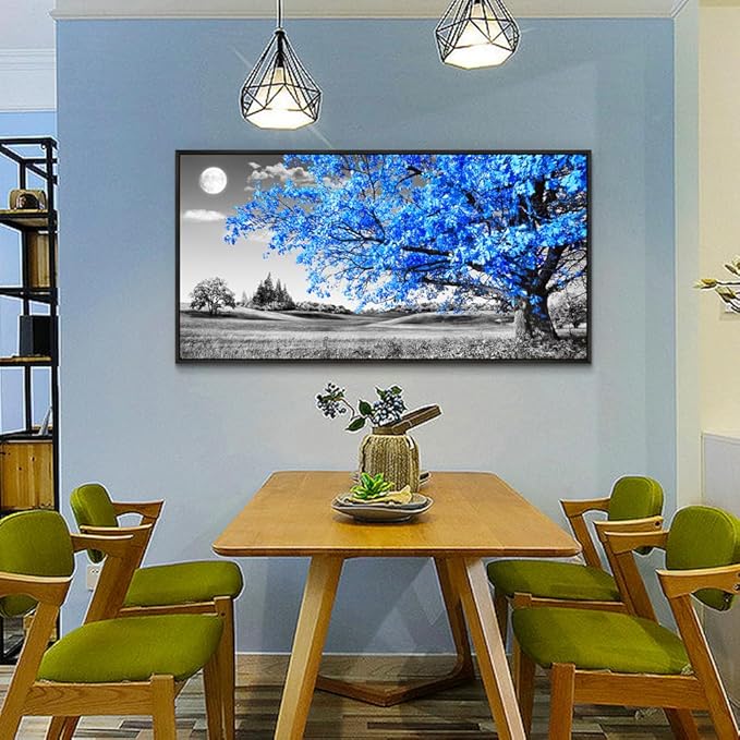 Wapluam Black and White Wall Art For Living Room Large Wall Decoration For Bedroom Blue Tree Landscape Abstract Painting Office Wall Decor Picture Canvas Prints Modern Home Wall Decor Black Framed