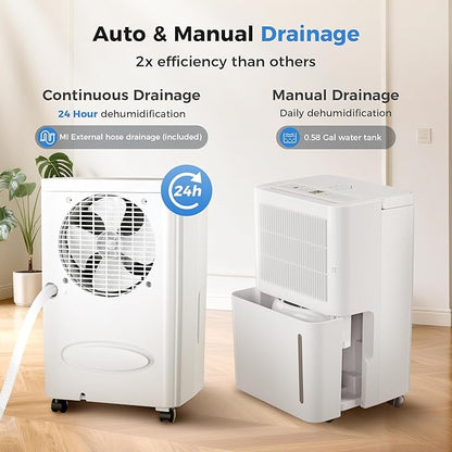 2,500 Sq Ft Home Dehumidifier with Drain Hose, 74 OZ Water Tank, 24 Hr Timer, 3 Modes High Efficiency Compressor for Basement, Bedrooms, Bathrooms and Laundry Rooms