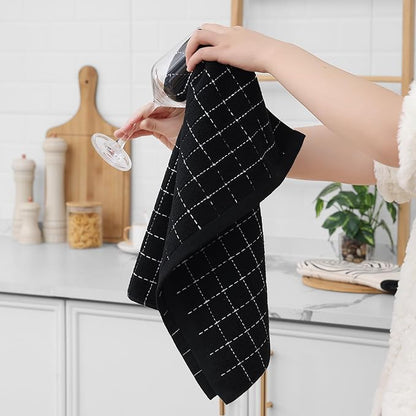 Homaxy 100% Cotton Terry Kitchen Towels(Black, 20 x 28 inches), Checkered Designed, Soft and Super Absorbent Dish Towels, Large 4 Pack
