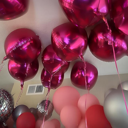 12Pcs Hot Pink Round Foil Balloons, 22" 15" 10" 4D Helium Ball Balloon, Metallic Pink Foil Balloon for Birthday Graduation Wedding Anniversary New Year Eve Disco Prom Party Decorations