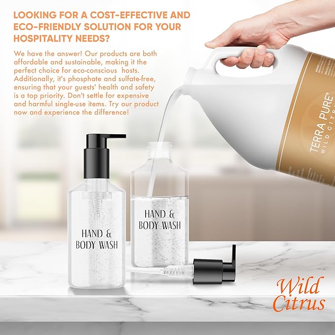 Terra Pure Wild Citrus Gallon Hand & Body Wash – Refill Jug for Hotels, Vacation Rentals, Guest Homes, Spas, Gyms | Bulk Liquid Soap Toiletries | No Color Added | For Sensitive Skin & Daily Use