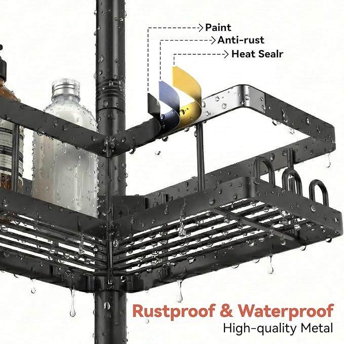 YASONIC Corner Shower Caddy Tension Pole, 25.7-109.1in Adjustable Shower Shelves, Rust-Resistant Shower Organizer, No-Drill 3-Step Installation, Bathroom Shelves for Renters & Family, Black