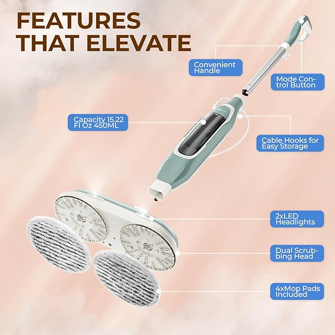 Apical Life Steam & Scrub Steam Mop, All-in-One Scrubbing and Sanitizing Hard Floor Cleaner, LED Headlights, 4 Dirt Grip Soft Scrub Pads Included, L Water Tank, Swivel Steering, Light green