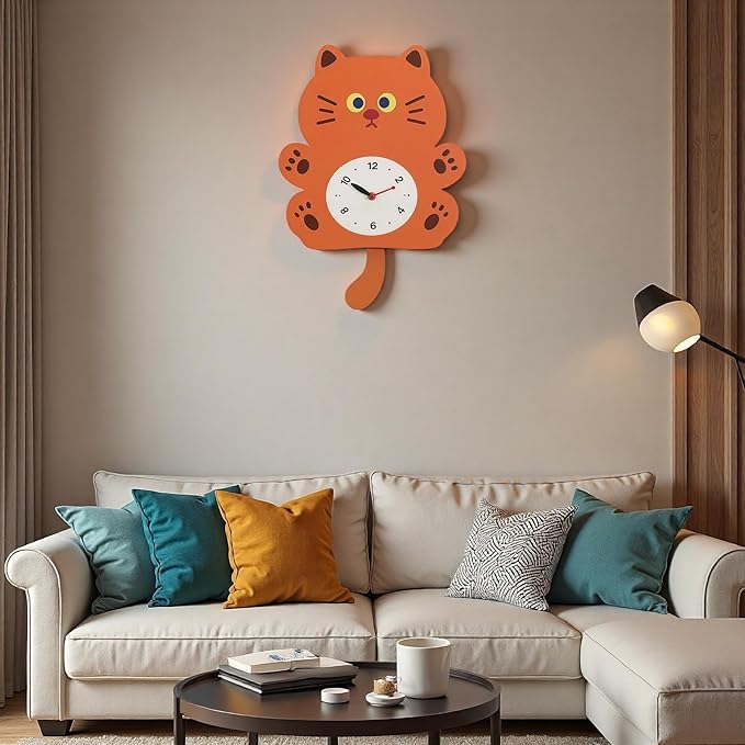 FASHION in THE CITY Adorable Cat Themed Swing Wall Clock - Silent Non-Ticking Pendulum Clock, Easy to Read Analog Clock for Cat Lovers, Nursery, Kitchen, Cute Home Decor Gift (YBZ001-Brown)