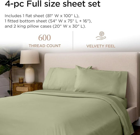Threadmill 100% Cotton Sheets for Full Size Bed - 600 Thread Count Full Bed Sheets Set with 16” Deep Pocket - Sateen Weave 4-Piece Bedding Set with Cooling Effect, Sage Green
