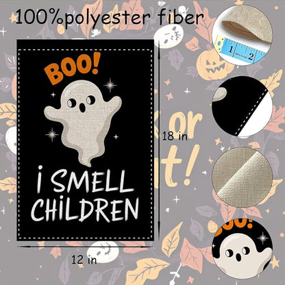 Fokongna Halloween Spooky Ghost BOO Garden Flag, I Smell Children Garden Flag Halloween Decor, 12x18 Inch Burlap Vertical Double Sided Flags, for Home Yard Outside Decorations