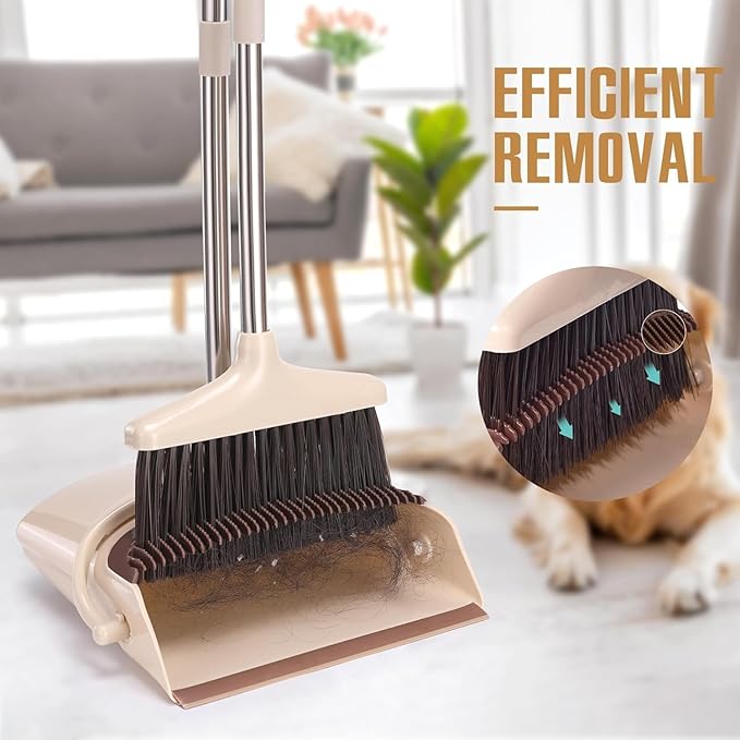 Broom and Dustpan Set with 57.4 Inch Adjustable Stainless Steel Handle, Upright Foldable Design, Beige and Brown, Heavy Duty with Built-in Teeth