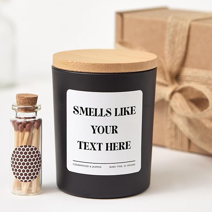 Custom Candle | Smells Like Your Text Here | Personalized Candle with Gift Box and Mini Matches-White/Cedarwood & Jasmine