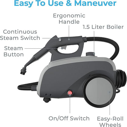 Pure Enrichment PureClean Steam Cleaner with 17 Accessories, Multi-Purpose Household Rolling Steamer for Chemical-Free Deep Cleaning of Floors, Upholstery, Windows, Grout, Grills, Cars, and More