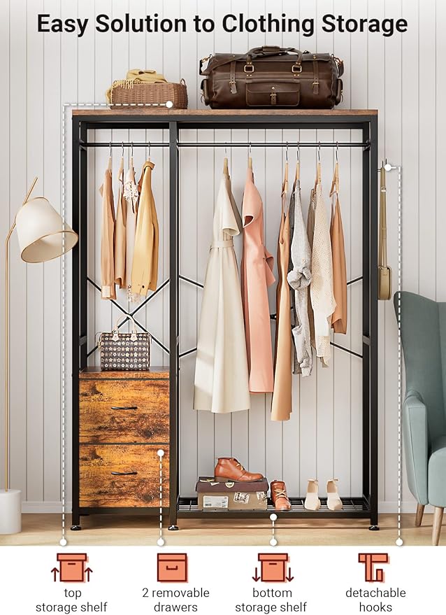 Lulive Clothes Rack, Heavy Duty Garment Rack for Hanging Clothes, Industrial Clothing Racks with Shelves, 2 Fabric Drawers, 4 Hooks, 2 Hanging Rods, Freestanding Closet Organizer, Rustic Brown
