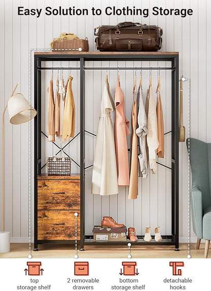 Lulive Clothes Rack, Heavy Duty Garment Rack for Hanging Clothes, Industrial Clothing Racks with Shelves, 2 Fabric Drawers, 4 Hooks, 2 Hanging Rods, Freestanding Closet Organizer, Rustic Brown