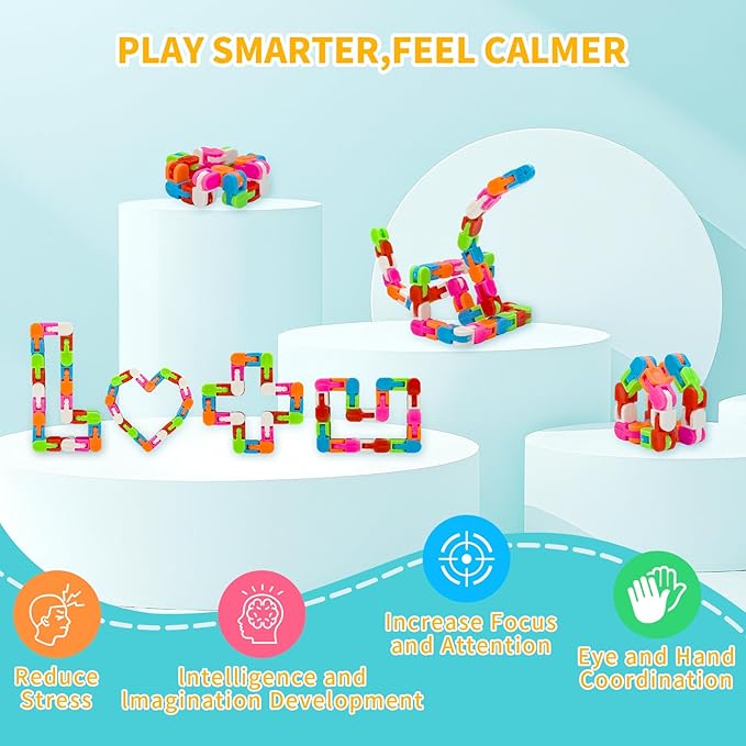 Wacky Tracks 30 Pack Snap and Click Fidget Toys Bulk for Party Favors Puzzles Goodie Bag ,School Students Gift Classroom Prizes Valentines Day Rainbow Toys for Kids,Teens