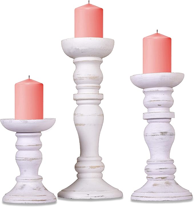 Mela Artisans Shabby White Hand Carved Wooden Pillar Candle Holders - Set of 3 | Aisha Decorative Style | Crafted from Mango Wood | Rustic Table Centerpiece Decor | Sized 6", 9" and 12"