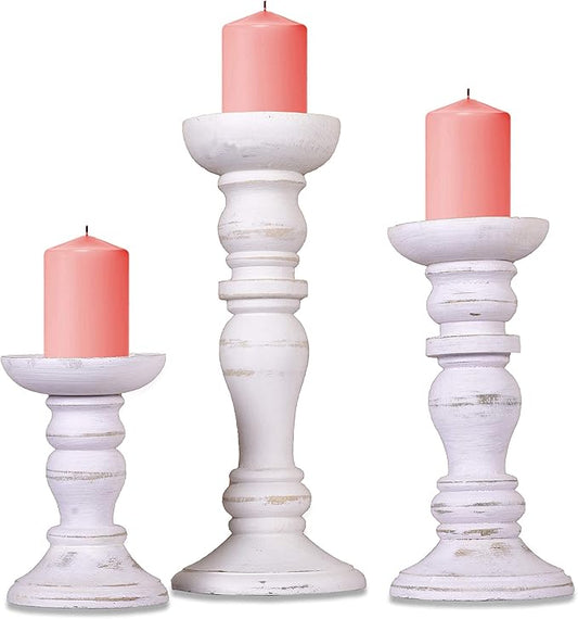 Mela Artisans Shabby White Hand Carved Wooden Pillar Candle Holders - Set of 3 | Aisha Decorative Style | Crafted from Mango Wood | Rustic Table Centerpiece Decor | Sized 6", 9" and 12"