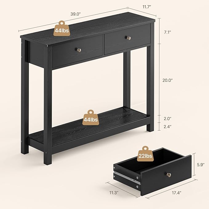 Gizoon Console Table with 2 Drawers, 2-Tier Wood Entryway Table with Storage Shelves, 39" W Wood Accent Sofa Table for Front Hall, Hallway, Living Room, Black