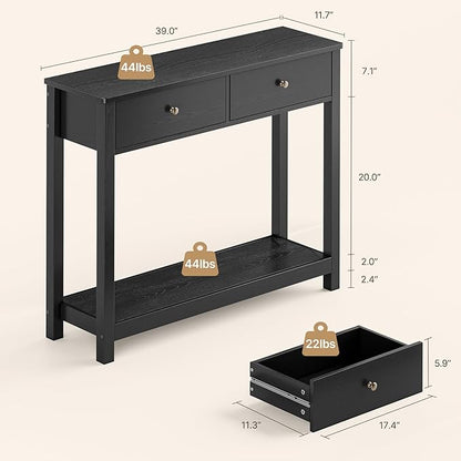 Gizoon Console Table with 2 Drawers, 2-Tier Wood Entryway Table with Storage Shelves, 39" W Wood Accent Sofa Table for Front Hall, Hallway, Living Room, Black