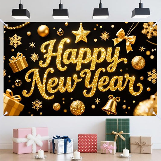 Nuxovilar Happy New Year Banner, Golden Opulent Elements Backdrop for Party Decorations, 71x43 Inch