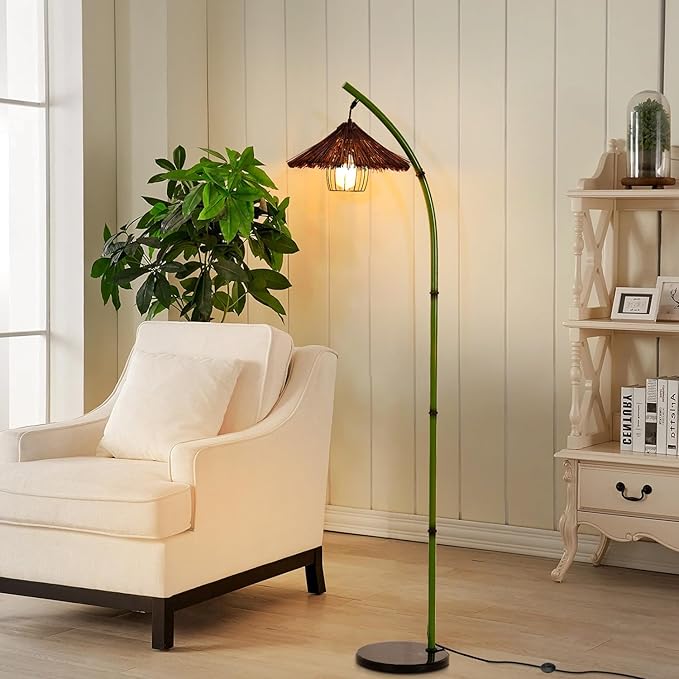 beaysyty Bamboo Floor lamp Mid Century Rattan Retro Floor lamp Bohemian,Arc Floor Lamps for Living Room Tall Reading Lamps Antique Rattan Style for Bedroom Dining Room Farmhouse Study (Green)