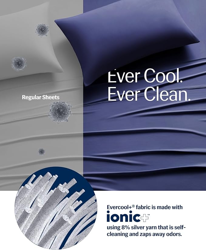 REST® Evercool®+ Starter Sheet Sets, Twin XL Size, Blue, Breathable Bed Sheet for Hot Sleeper and Night Sweats, with Pillowcases, Ionic+ Self-Cleaning Silver Yarn for Sensitive Skin,3PCS No Flat Sheet