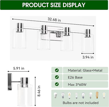 4-Light Modern Vanity Light Fixtures Over Mirror, Chrome Bathroom Light Fixtures, Vanity Lights, Wall Sconce with Clear Glass Shade for Bathroom, E26 Base