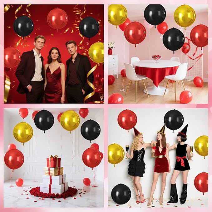 Red Black Gold Round Foil Balloons 9 pcs,Metallic Giant 4D Round Balloons 22 Inch for Wedding Graduation Anniversary Baby Shower Birthday Party Decorations