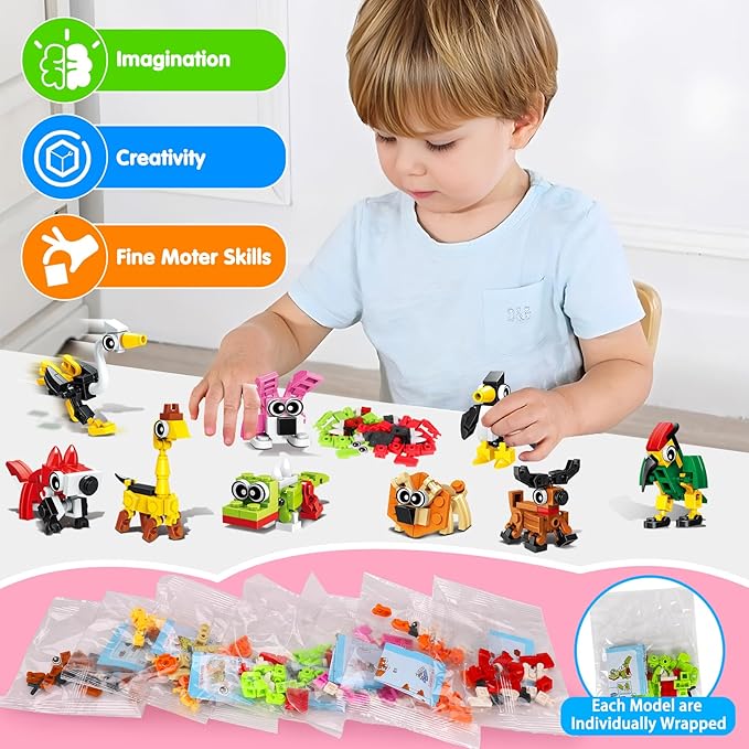 20pcs Animal Mini Building Blocks Valentine Party Favor for Kids Return Gifts Birthday Goodie Bag Stuffer Class Prize Box Toys Small Bulk Pinata Filler End of School Year Gift Boy Girl 4-8 8-12