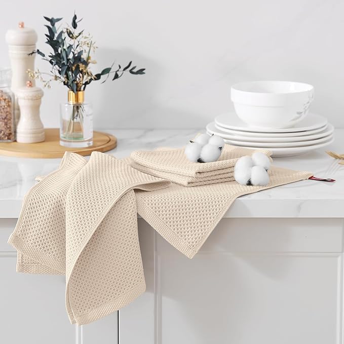 Kitinjoy 100% Cotton Kitchen Towels and Dishcloths Set, 8 Pack Waffle Weave Dish Towels Ultra Soft Absorbent Quick Drying Dish Rags, 13 x 28 Inch and 12 X 12 Inch, Beige