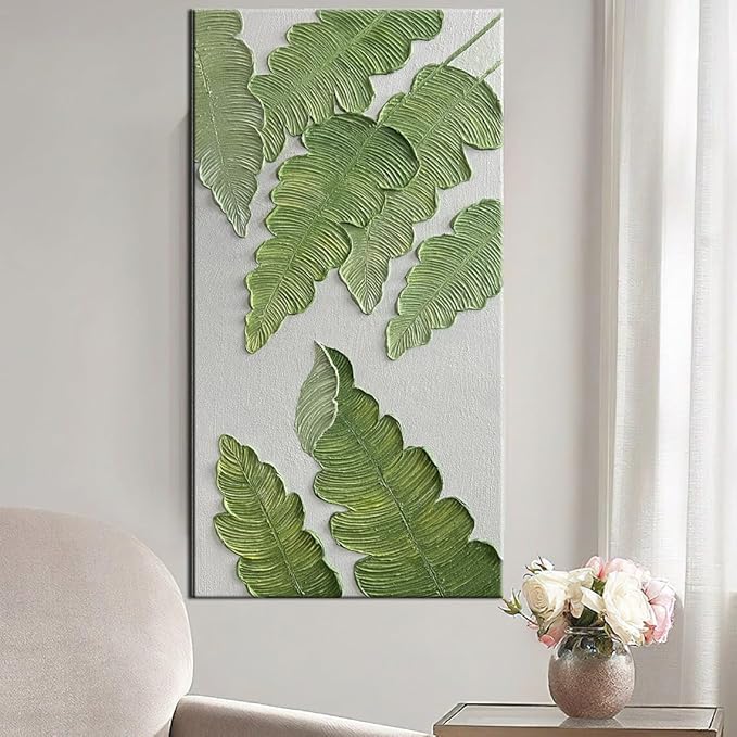 YaSheng Art- Modern minimalist 3D textured wall art Oil Paintings on Canvas Green plant paintings handmade Contemporary Abstract canvas wall art for bedroom Home Wall Deco Oil Painting 24X48 inch