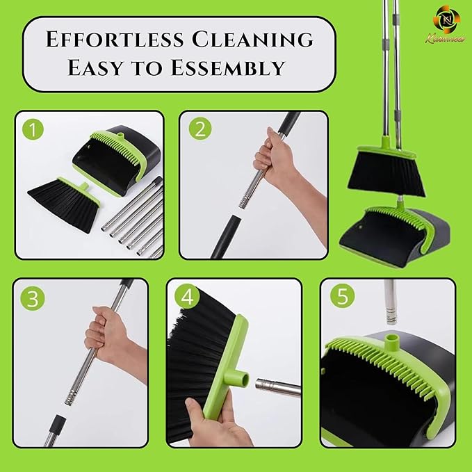Standing Broom and Dustpan Set, Built-in Scraper Teeth, No-Slip Grip, Dust Collection Tray for Home, Office, Lobby, and Outdoor, Adjustable Handle from 38.18" to 52" (Black & Green)