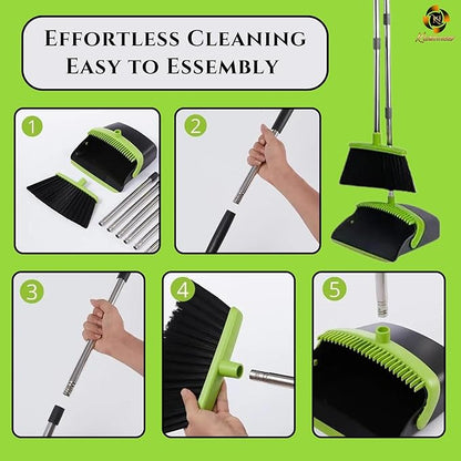 Standing Broom and Dustpan Set, Built-in Scraper Teeth, No-Slip Grip, Dust Collection Tray for Home, Office, Lobby, and Outdoor, Adjustable Handle from 38.18" to 52" (Black & Green)