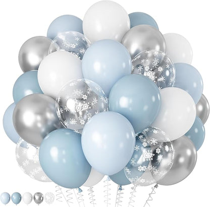 Blue White Balloons, 60 PCS 12 Inch Dusty Light Baby Blue White and Silver Balloon Snowflake Balloons for Winter Baby Boy Shower Decorations Bridal Shower Wedding Birthday Party