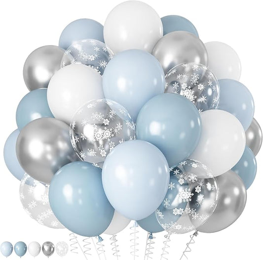 Blue White Balloons, 60 PCS 12 Inch Dusty Light Baby Blue White and Silver Balloon Snowflake Balloons for Winter Baby Boy Shower Decorations Bridal Shower Wedding Birthday Party