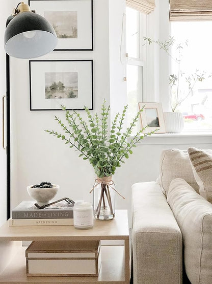 Artificial Eucalyptus Stems in Glass Vase with Faux Water，16.54" Fake Plants for Home Decor, Coffee Table Centerpieces, Office, Bathroom & Farmhouse Weddings - Faux Greenery Plants Decorations