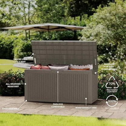 100 Gallon Lockable Resin Deck Box, Waterproof Outdoor Storage Box for Patio Furniture, Garden Tools, Pool Accessories, UV-Resistant Outside Delivery Grey