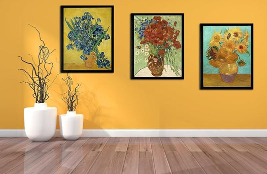 Black Framed Sunflowers- Irises Flower Vase Vincent Van Gogh Art Reproduction, Giclee Canvas Prints Wall Art for Home Decor 12"x16"