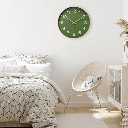 MEIRED Wall Clock 12 Inch Silent Non Ticking Battery Operated Round Wall Clock Modern Simple Style Decor Clock for Home/Office/School/Kitchen/Bedroom/Living Room, Olive Green and Gold