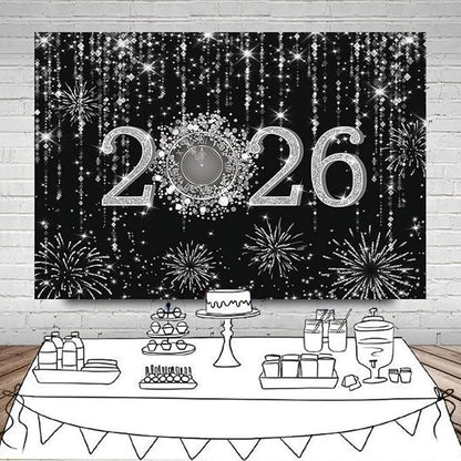 MEHOFOND 8x6ft Black and Silver 2026 New Year Backdrop Cheers to 2026 Photography Background Hello 2026 Fireworks Dripping Glitter Dots Clock Decor Time to 2026 New Year Eve Cake Smash Photo Props