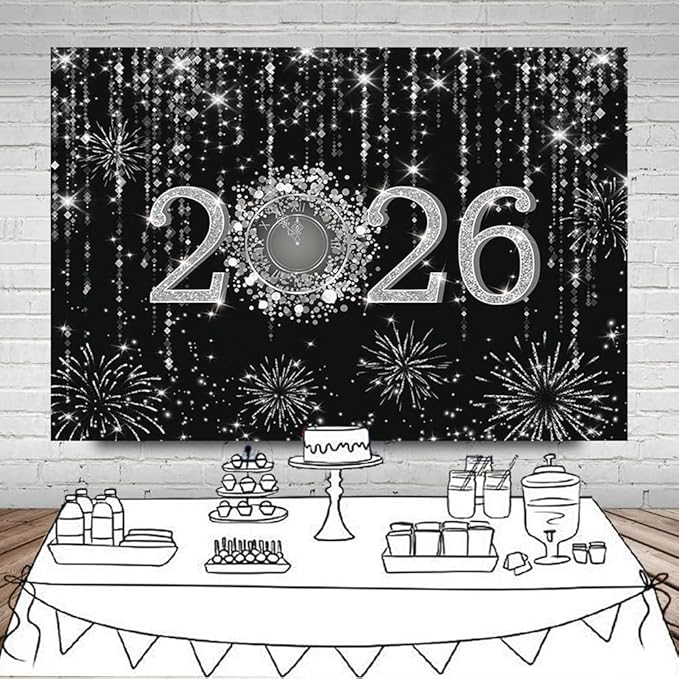 MEHOFOND 7x5ft Black and Silver 2026 New Year Backdrop Cheers to 2026 Photography Background Hello 2026Fireworks Dripping Glitter Dots Clock Decor Time to 2026 New Year Eve Cake Smash Photo Props