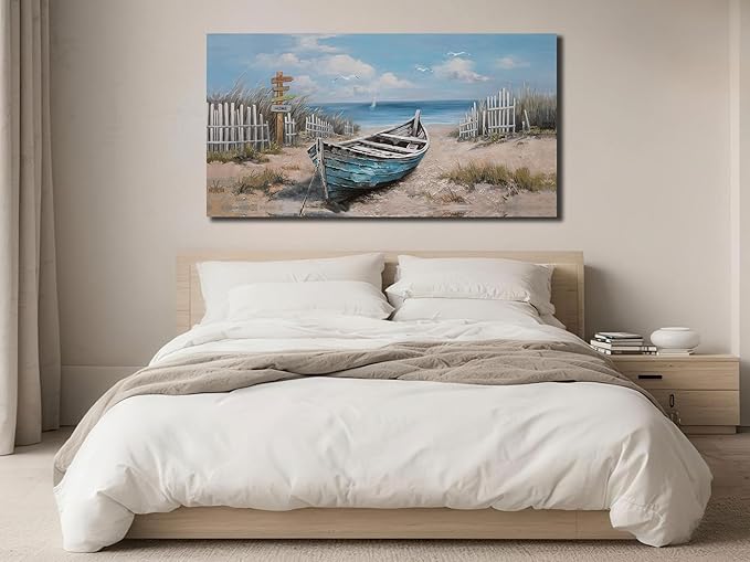Ardemy Boat Canvas Wall Art for Living Room Large Teal Bedroom Pictures Wall Decor Textured Beach Paintings Artwork Dining Room Home Office Kitchen, 40"x20"