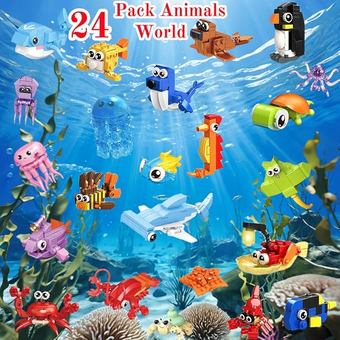 24 Pack Party Favor for Kids Building Set, Mini Ocean Animals Building Blocks Toy for Goodie Bag Stuffers, Classroom Prizes, STEM Toys for Boys,Easter Basket Stuffers, Birthday Gifts