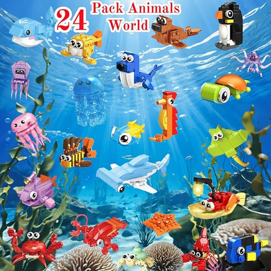 24 Pack Party Favor for Kids Building Set, Mini Ocean Animals Building Blocks Toy for Goodie Bag Stuffers, Classroom Prizes, STEM Toys for Boys,Easter Basket Stuffers, Birthday Gifts