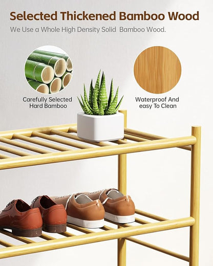 Bamboo Shoe Rack for Closet Small Wooden Shoe Organizer with Pouch, Sturdy Wood Shoe Shelf for Front Door Entrance Entryway and Outdoor, 26 inch Wide (Natural, 4-Tier)