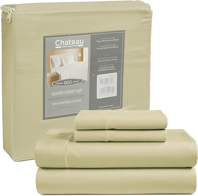 100% Cotton Bed Sheets Queen Size Bed Set, 800 Thread Count Deep Pocket Queen Sheet Set, No lint Soft Breathable Sateen Weave 4-Piece Egyptian Cotton Sheets, Fits upto 17", Machine Washable- Seafoam
