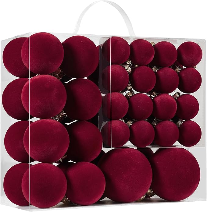 Velvet Christmas Ball Ornaments Set-46pcs Flocked Shatterproof Christmas Tree Decorations Plastic Xmas Decorative Hanging Ornaments for Xmas Holiday Home Decor,3 Sizes(Burgundy)