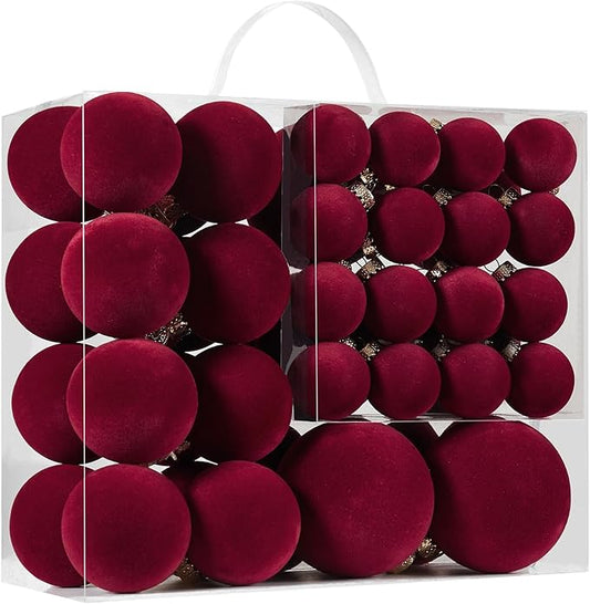 Velvet Christmas Ball Ornaments Set-46pcs Flocked Shatterproof Christmas Tree Decorations Plastic Xmas Decorative Hanging Ornaments for Xmas Holiday Home Decor,3 Sizes(Burgundy)