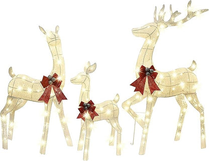 Lulu Home Set of 3 Pre-lit White Reindeer with 210 LEDs Warm White Lights, 3D Light Up Glittered Standing Reindeer Family for Xmas Lighted Holiday Display Indoor Outdoor