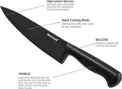 McCook® Knife Sets,German Stainless Steel Knife Block Sets with Built-in Sharpener, Black