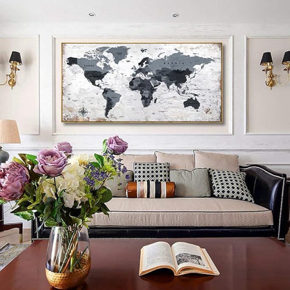 Framed wall art World Map Wall Art Canvas Picture 24inchx48inch Large Black and white Map of The World Canvas Painting Artwork Prints for Office Wall Decor Home Living Room Decorations Framed Ready to