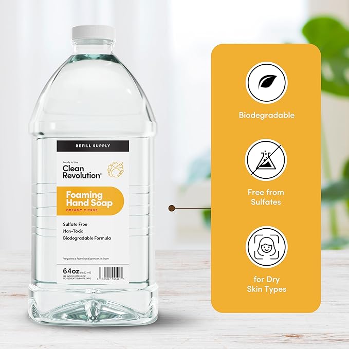 Clean Revolution Foaming Hand Soap Refill Supply Container. Ready to Use Formula. Dreamy Citrus Fragrance, 64 Fl Oz - Made in USA